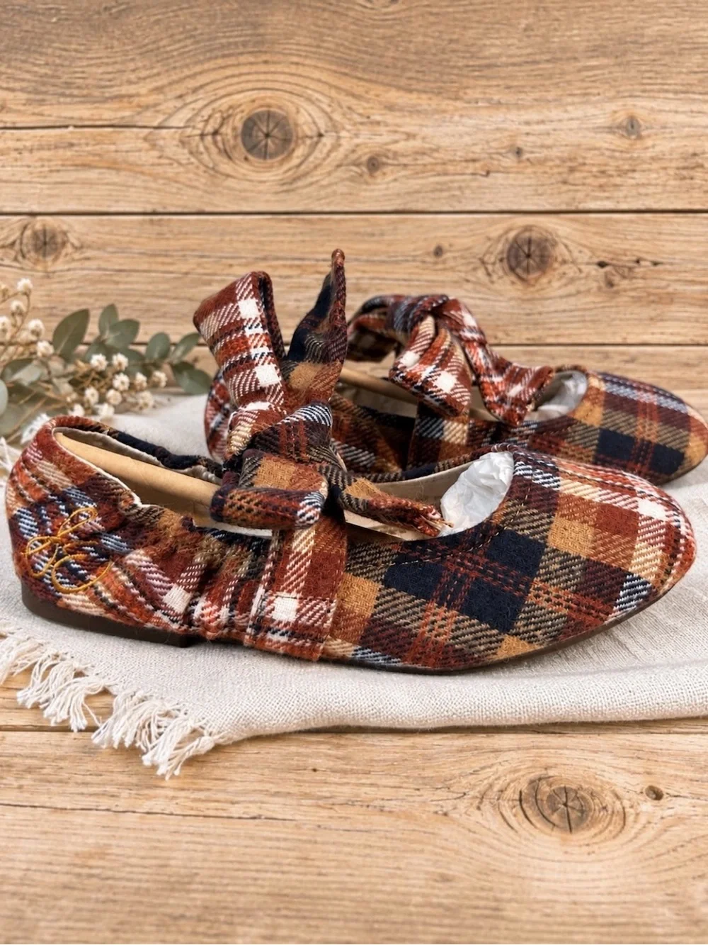 Sam Edelman Kids Felicity Rust Plaid Bow Ballet Flats Girls Navy Cream Size 2Y